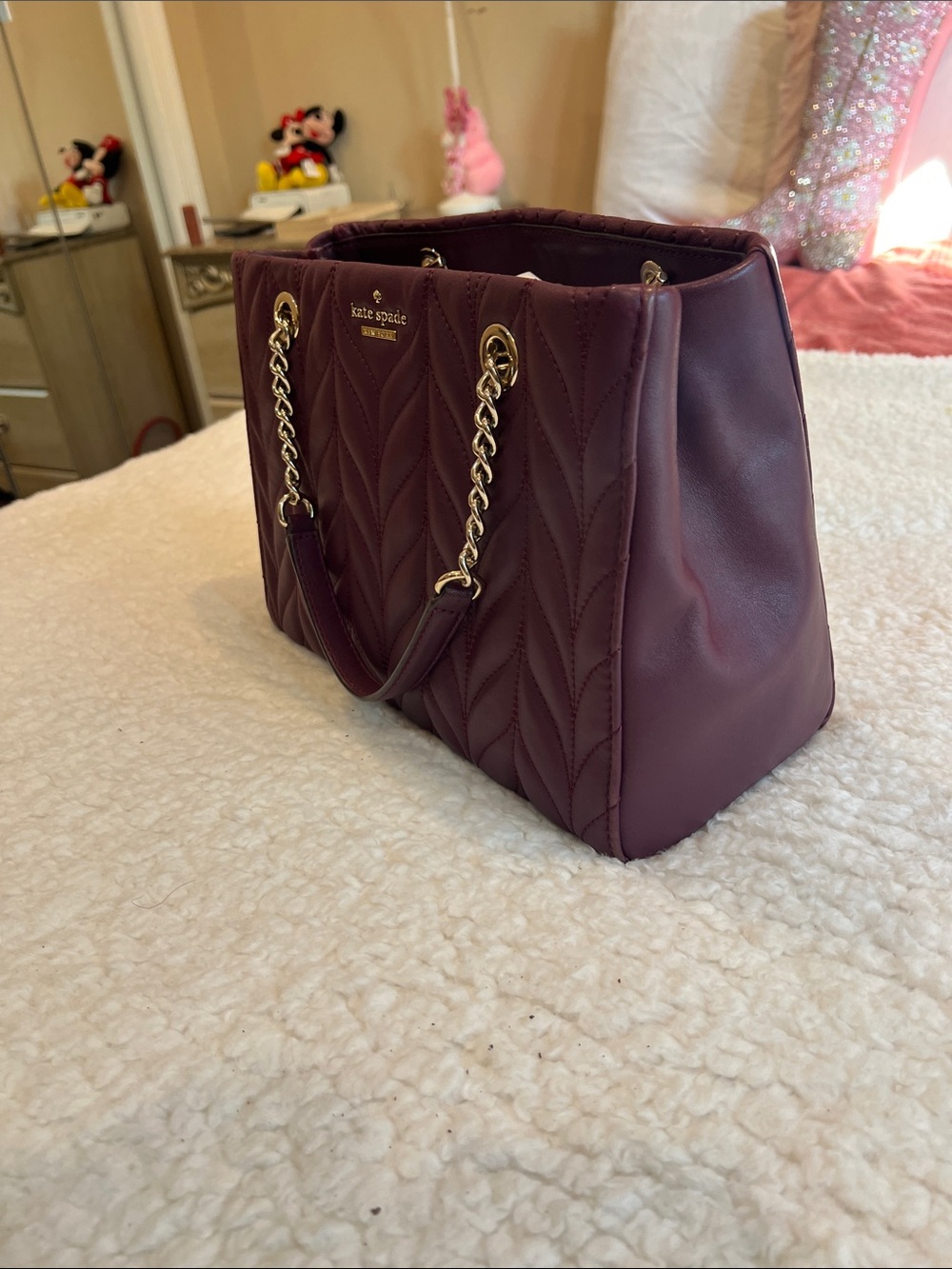 kate spade Quilted Burgundy Leather with Gold Chain Handles and longer strap. - Picture 2 of 13